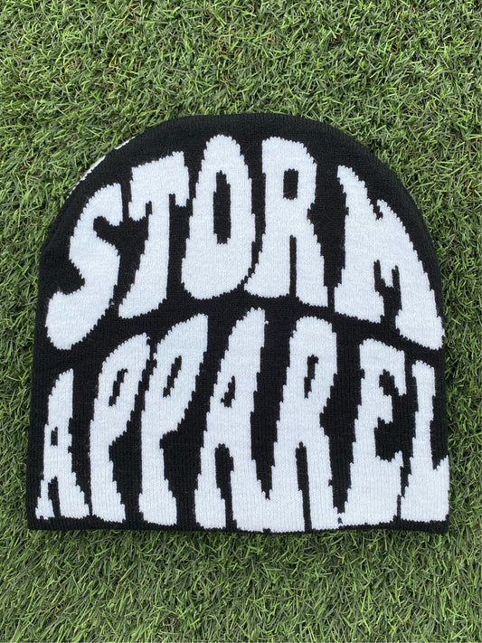 BLACK AND WHITE STORM APPAREL BEANIE.